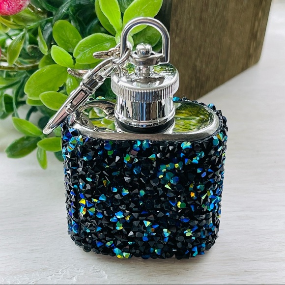 MINI FLASK crystal encrusted keyring IRIDESCENT keyfob CELESTIAL mini flask Blue - Picture 4 of 11